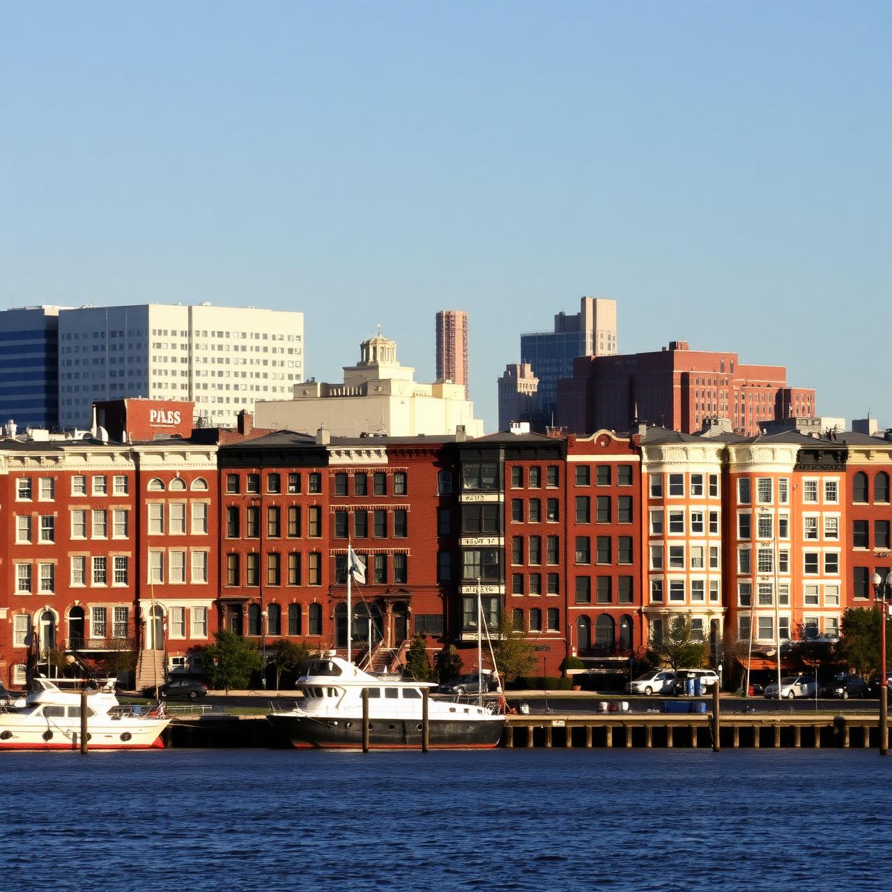 Baltimore rowhouses and harbor waterfront in daylight